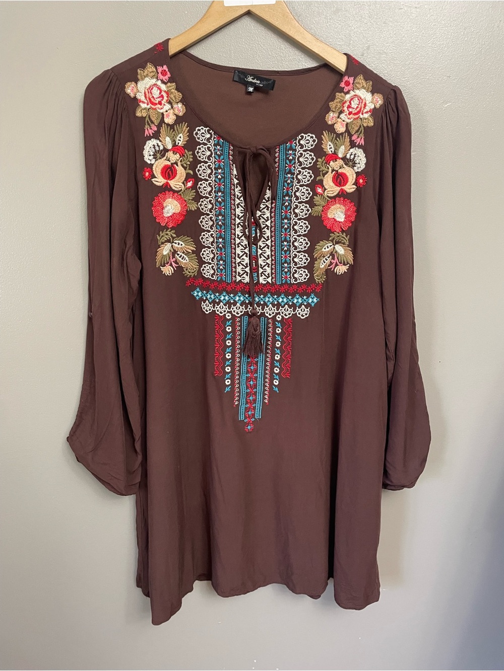 Andree by Unit Brown Boho Embroidered Floral Dress Medium pockets